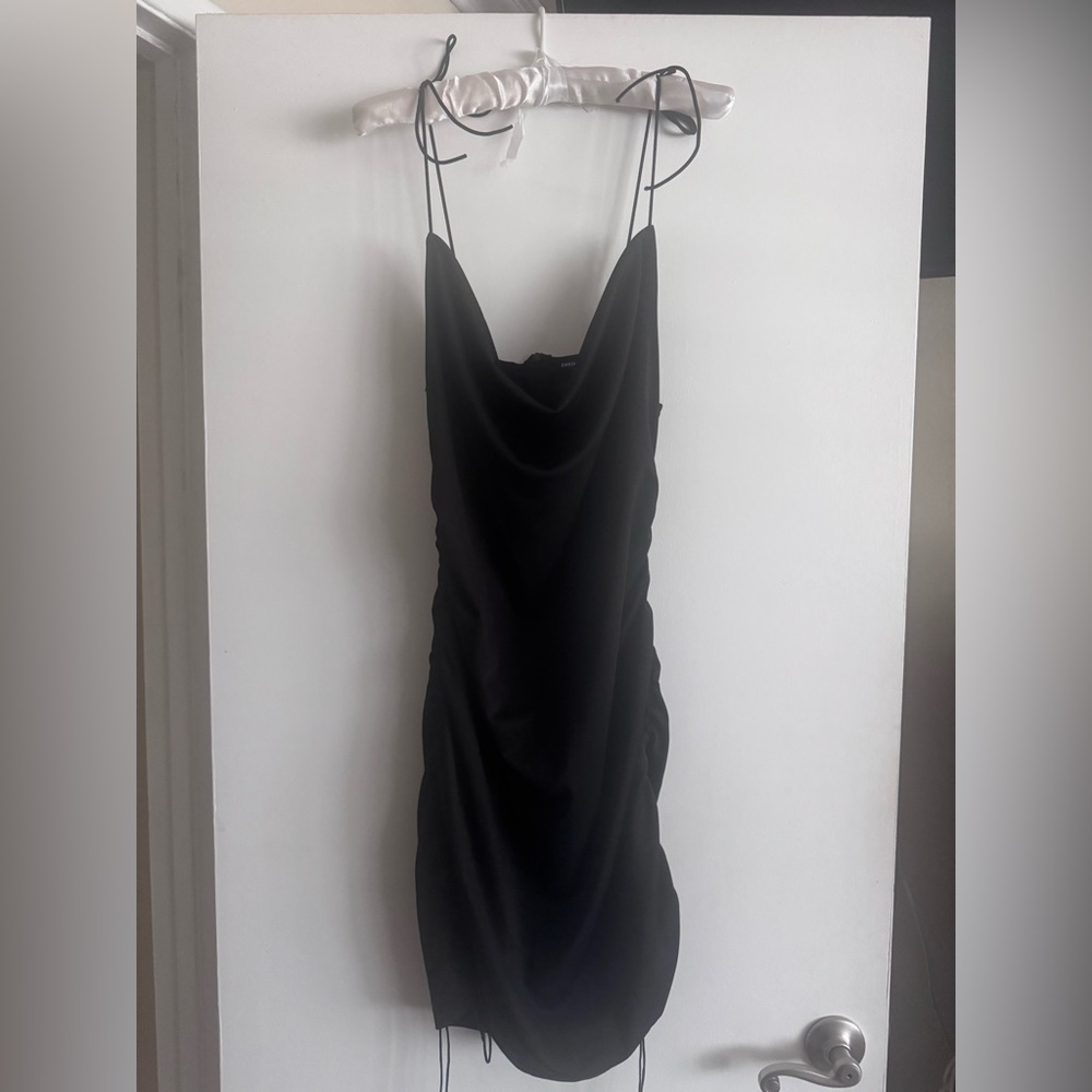 Shein Black Draped Collar Drawstring Side stretch Cami Bodycon Dress zipper SEXY